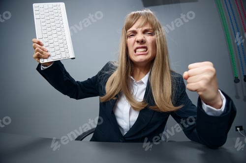 Preview: Crazy angry millennial blonde businesswoman worker in blue jacket throws keyboard and threatens at