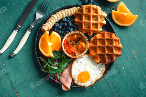 Preview: Waffles with Fried Eggs fruit and ham.