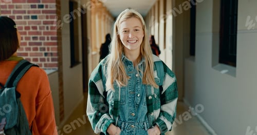 Preview: Smile, hallway and portrait of girl at school with backpack for learning, studying or knowledge. Ha