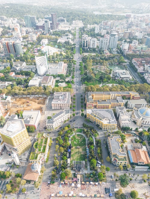 Preview: Aerial view of Tirana city center, Albania, captured by a drone on a sunny day