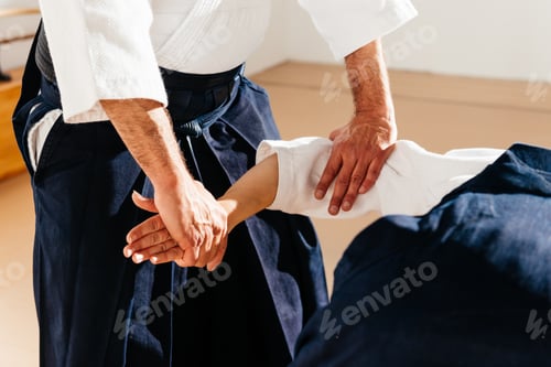 Preview: Close-Up View of Martial Artist Practicing Joint Control in Aikido Dojo