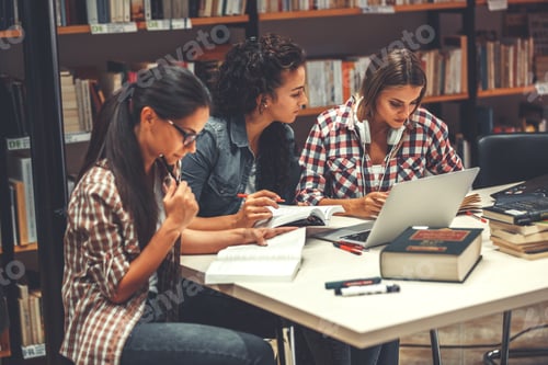 Preview: Group of female students study in the college library.
