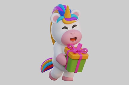 Preview: Cheerful unicorn with gift box