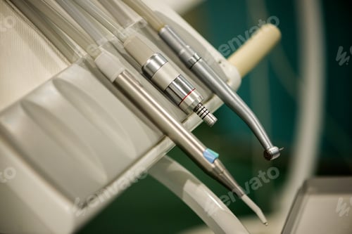 Preview: Close up view at set of dentist tools in modern dental office