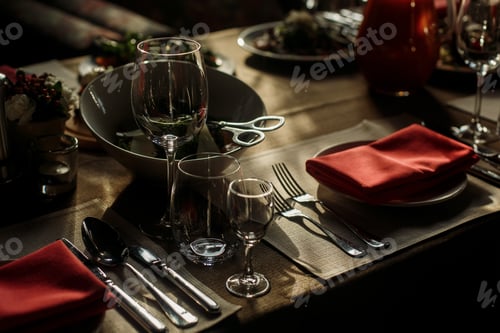 Preview: Luxury wine glasses and silver tableware near plates with red napkins