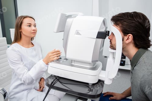 Preview: Eye doctor woman is doing a diagnostic vision exam adult man. Concept of eye care. Vision correction