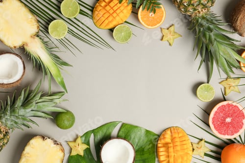 Preview: Composition with exotic fruits and palm leaves on grey background, space for text