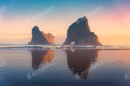 Preview: Landscape of sunrise over Wharariki beach with Archway islands on Tasman Sea at New Zealand
