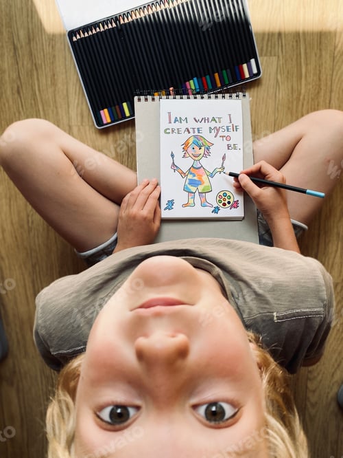 Preview: boy drawing, makes postcard with colorful boy and motivation phrases- I’m what I create myself to be