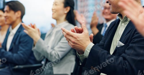 Preview: Business, people and clapping hands in presentation in office for good news, kpi growth and target