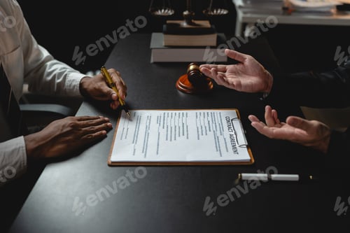 Preview: Lawyer giving advice on judgment, agreement, contract document. Consultation of young businessman an