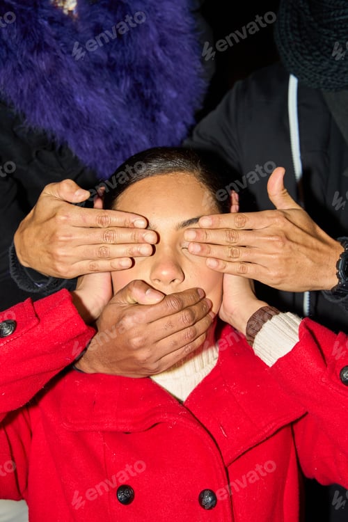 Preview: People covering woman's eyes and mouth, depicting censorship and speech suppression