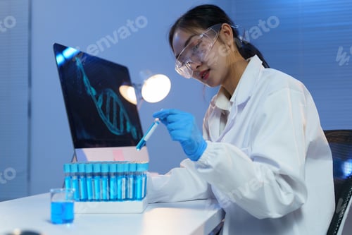 Preview: Female scientist in a lab coat and gloves analyzing a test tube with blue liquid in a modern laborat