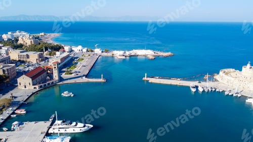 Preview: Mandraki port of Rhodes city harbor aerial panoramic view in Rhodes island in Greece