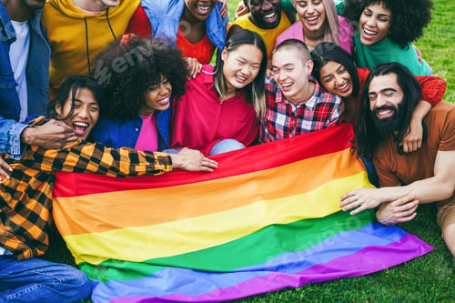 Preview: Diverse people having fun holding LGBT rainbow flag outdoor - Focus on bald girl face