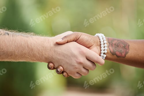 Preview: Black Businesswoman Shaking Hands with Male Colleague Ensuring Deal Outdoors
