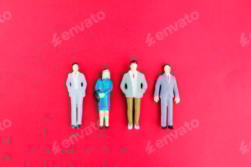 Preview: four minatur with three business men and one business woman.