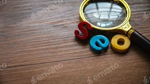 Preview: Search engine optimization concept. Magnifying glass and alphabet of seo on a wooden background.