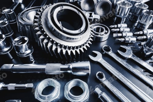 Preview: Tools and gears arranged on a workbench showcasing precision engineering and craftsmanship in a