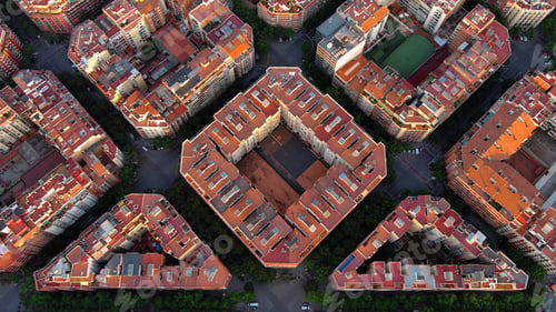 Preview: Aerial view of typical buildings of Barcelona cityscape. Eixample residential famous urban grid