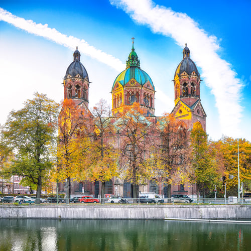 Preview: Fantastic autumn view on Saint Lucas Church (Lukas kirche), the largest Protestant church in Munich