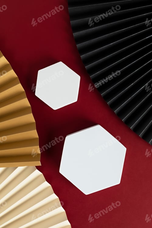 Preview: Podium, stand, platform for product presentation.Abstract background made of paper fans and