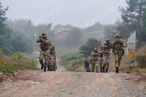 Preview: A disciplined and specialized military unit, donned in camouflage, strategically patrolling and