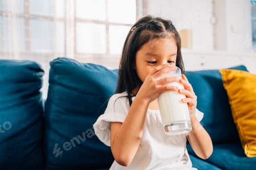 Preview: Smiling portrait of Asian cute girl holding glass of milk at house