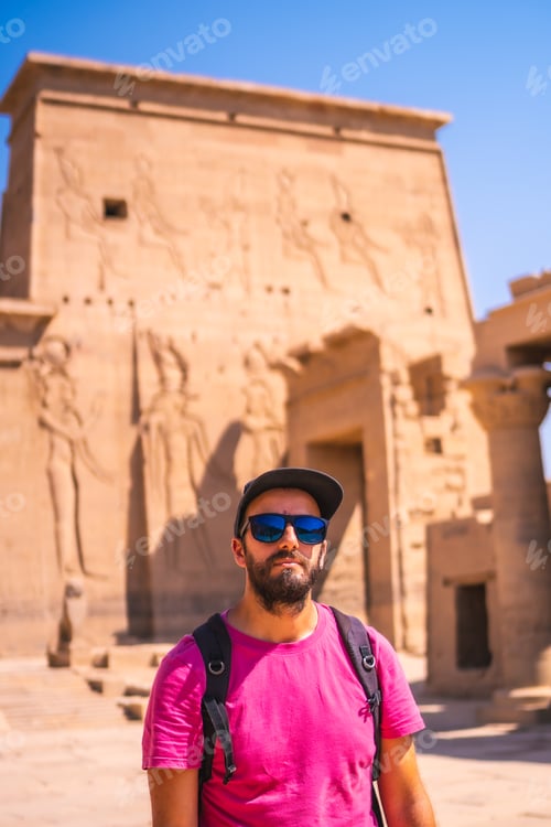Preview: A Young Tourist Visiting The Temple Of Philae Without People, A Greco-Roman Construction Seen From
