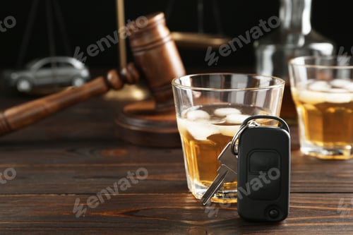 Preview: Car key, glass of alcohol near gavel on wooden table, space for text. Dangerous drinking and driving