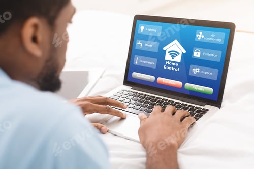 Preview: Black Man Using Laptop With Smart Home Control System On Screen, Collage
