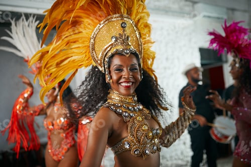 Preview: Cropped portrait of a beautiful samba dancer performing in a carnival with her band