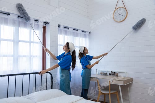 Preview: Two young professional housewives cleaning the house