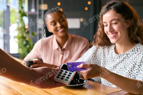 Preview: Woman In Coffee Shop Paying Bill With Contactless Card Payment
