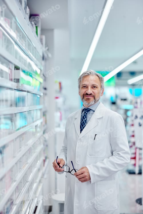 Preview: Smiling pharmacist posing for the camera, holding his glasses.
