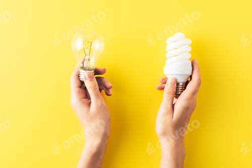 Preview: cropped shot of person holding different types of light bulbs on yellow