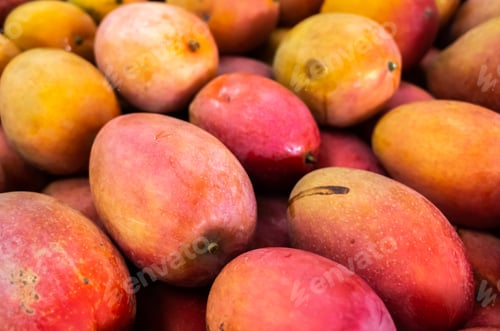 Preview: Stacks Of Mango Fruits In Vivid Red Color At Traditional Marketplace, Taiwan