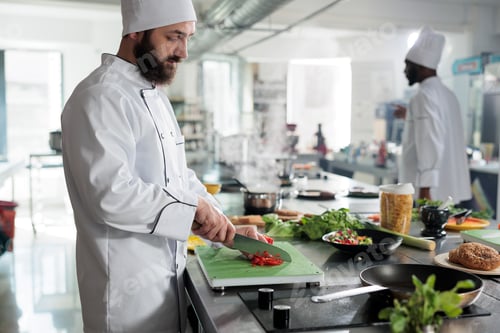 Preview: Caucasian food industry worker chopping organic and fresh red pepper while cooking delicious food