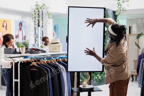 Preview: Man touching interactive whiteboard to view shoe advertisement