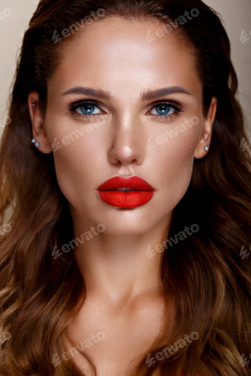 Preview: Beautiful sexy woman in a Hollywood manner with curls, natural makeup and red lips..