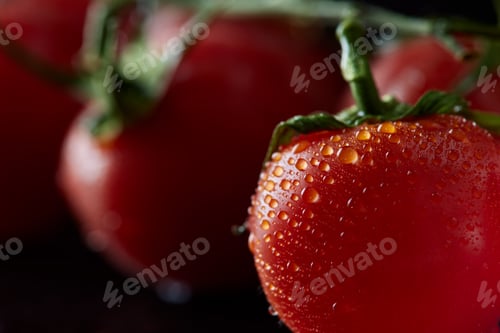 Preview: Small red cherry tomatoes on dark slate with water drops