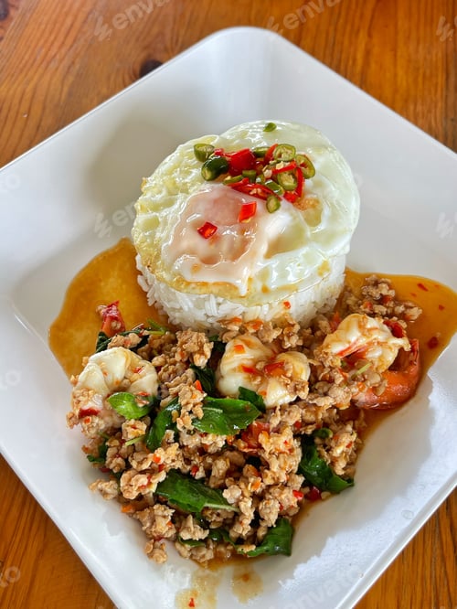 Preview: Rice topped with stir-fried pork and basil, Rice topped with stir fried minced pork and basil with F