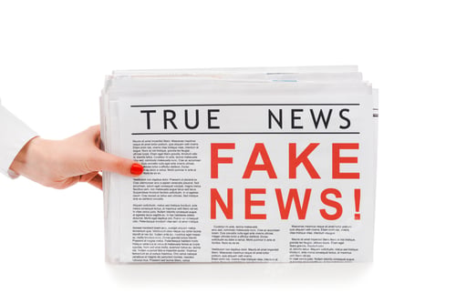 Preview: partial view of woman holding pile of newspapers with fake and true news isolated on white