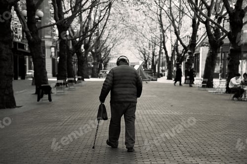 Preview: Grayscale of an old man with a stick walking in a park