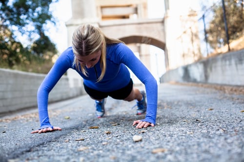 Preview: Woman doing push ups on bridge, Arroyo Seco Park, Pasadena, California, USA