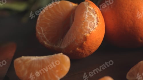 Preview: Partially peeled mandarin orange and segments on a dark wood surface