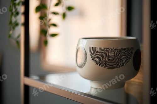 Preview: Ceramic Bowl with Abstract Pattern Standing on Shelf in Sunlit Room