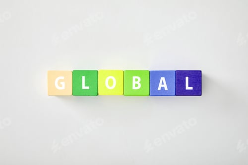 Preview: top view of global made of multicolored cubes on grey background