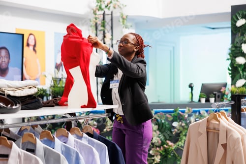 Preview: Clothes retail store assistant wearing red blouse on mannequin