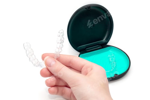 Preview: Transparent aligners and storage case. Invisible braces. Clear teeth straighteners.